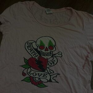 Pink Ed Hardy Tee with Skull and Heart Design